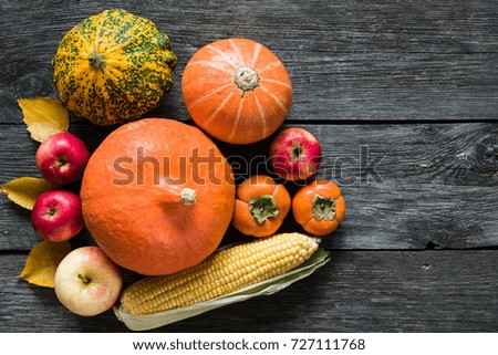 Harvest or Thanksgiving background with autumnal pumpkins, apples, corn, persimmon and fallen leaves on wooden background with copy space for text. Top view