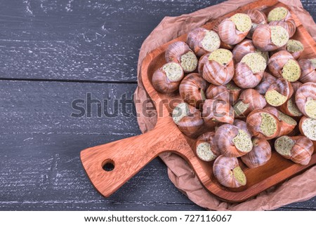 Escargots de Bourgogne on a  plate on wooden Background