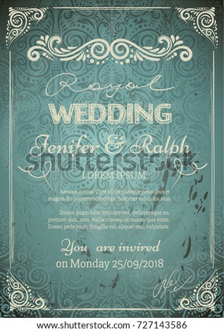 Vintage WEDDING card with elegant classic FRAME, calligraphic elegant frame, elegant vignette, wedding invitation, diploma design etc. Damask ornamental aquamarine background.