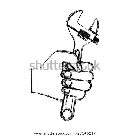 hand holding adjustable wrench flat icon monochrome blurred silhouette vector illustration