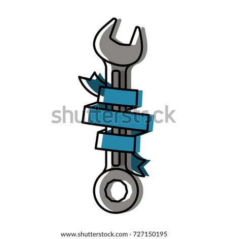 spanner tool with blue ribbon around watercolor silhouette vector illustration