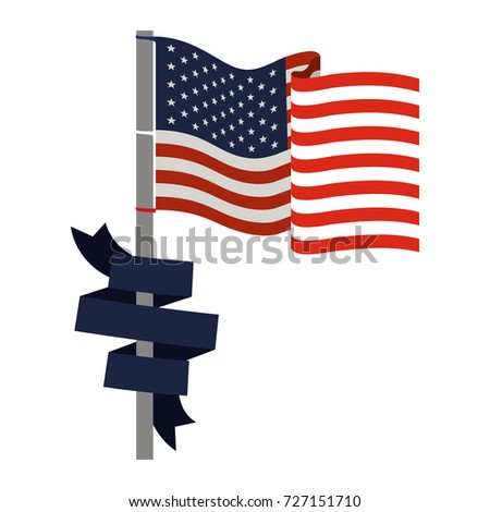 united states flag with dark blue ribbon in pole colorful silhouette vector illustration