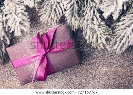 Gift box and Xmas tree branch in snowflake