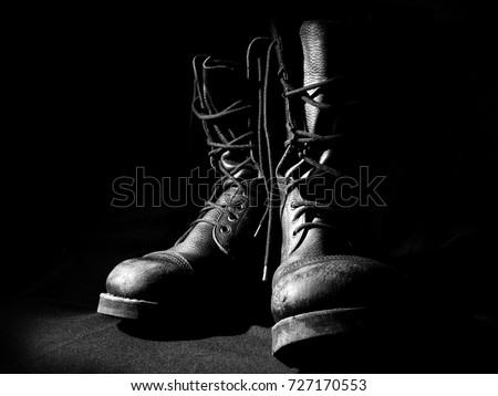 army boots, military soldier shoe, two black leather footwear
