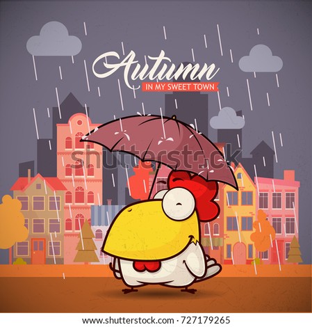 Autumn card with cartoon animal charcter on a city background. Vector collection.