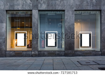 Three Blank Advertisements Shop Window Isolated White Stone Building Wall Public Mock Up Royalty-Free Stock Photo #727181713