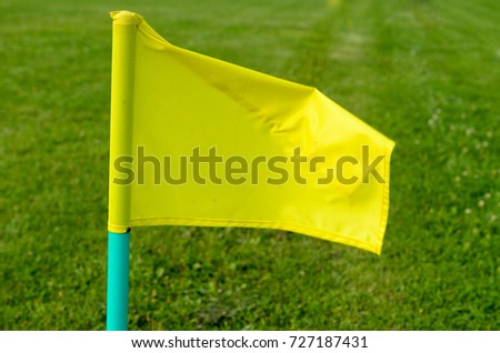 Yellow flags on the green grass of a football playing field
