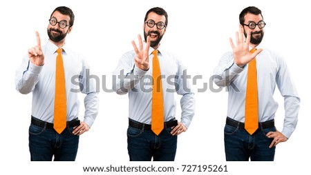 Set of Funny man with glasses counting one, three and five