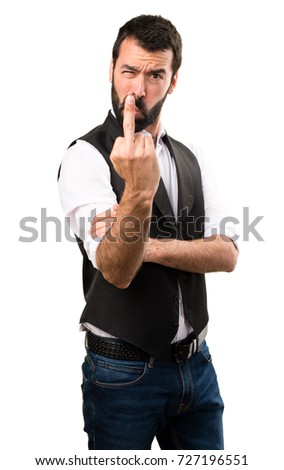Cool man making horn gesture on isolated white background