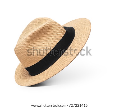 Straw hat with black ribbon on isolated white background Royalty-Free Stock Photo #727221415