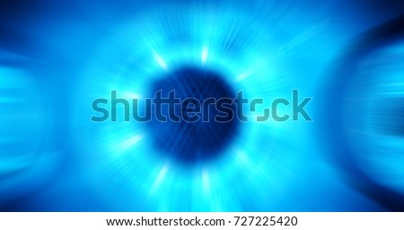 digitally blurred zoom motion, blue light flash out from speaker in center shows powerful and loud audio sound wave, high decibel sonic wave conceptual abstract background for text copy space backdrop Royalty-Free Stock Photo #727225420