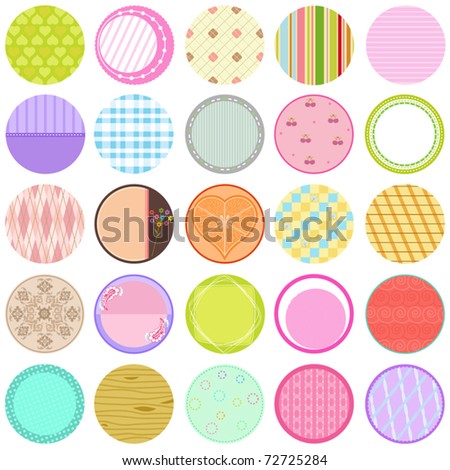 Vector of design elements - blank Labels, sweet pastel tags, stickers with patterns in circle. A set of cute and colorful icon collection isolated on white background