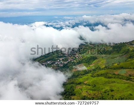 Top view Aerial photo from flying drone over Mountain and Mist in Phu Thap Boek  Phetchabun Province  Thailand.
