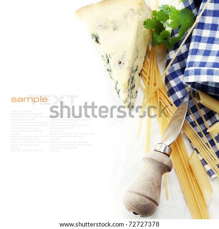 Composition of pasta and cheese over white with sample text