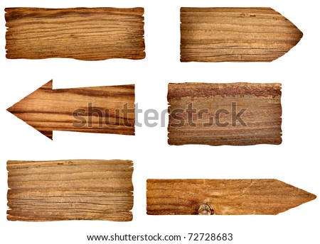 collection of wooden signs on white background. each one is a separate picture