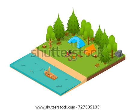 Camping Isometric View. Landscape with Loving Couple, Tent and Bonfire Outdoor Summer Tourism Vector illustration