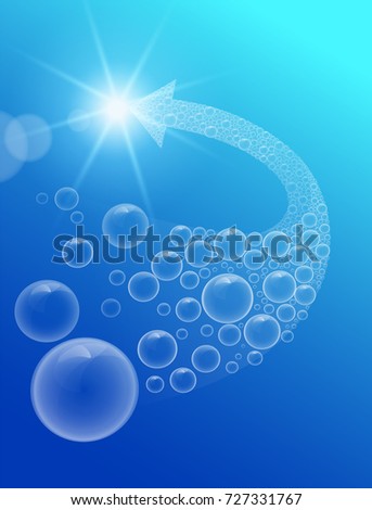 Bubbles of many sizes underwater rise up to find the light of the arrow-shaped sun on a blue background. Realistic file.