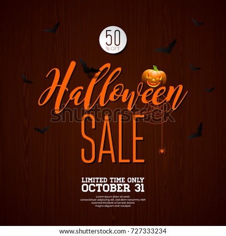 Halloween Sale  illustration with spider and Holiday elements on wood texture background. Design for offer, coupon, banner, voucher or promotional poster