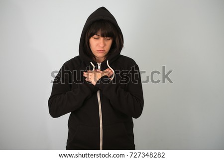 Sore throat young woman in gray background