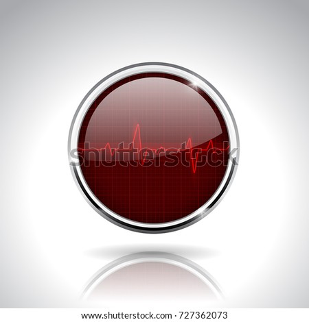 Cardiogram in round button with chrome frame. Vector 3d illustration
