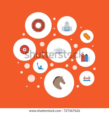 Flat Icons Government, Metropolis, Horse And Other Vector Elements. Set Of Usa Flat Icons Symbols Also Includes Glazed, York, House Objects.