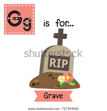 Cute children ABC alphabet G letter tracing flashcard of Grave for kids learning English vocabulary in Happy Halloween Day theme. Vector illustration.