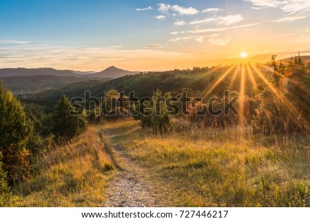 Sunset at autumn with view to the castle Hohenzollern, Germany