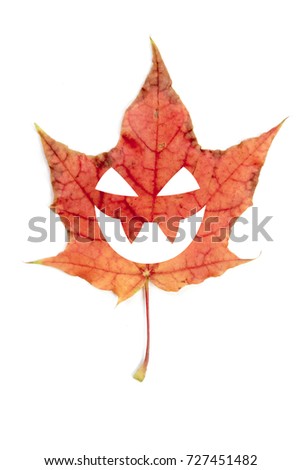 Single red autumn leaf with Halloween face, isolated
