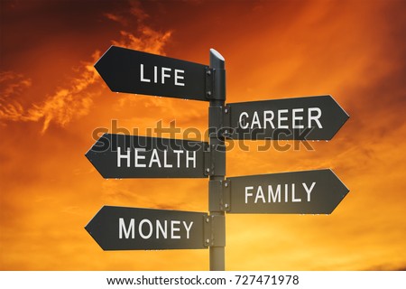 Life balance choices signpost, with sunrise sky backgrounds Royalty-Free Stock Photo #727471978