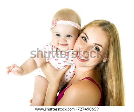 Young mother with her baby daughter happy smiling, studio portrait. Family. Adorable cute kid posing with lovely mum over white background.