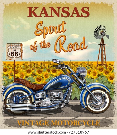 Vintage Route 66 Kansas motorcycle poster.