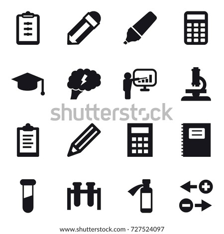 16 vector icon set : clipboard, pencil, marker, calculator, graduate hat, brain, presentation, microscope, copybook