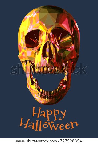 Low poly colorful jewel rainbow skull on dark blue background for halloween greeting