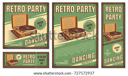 The poster in vintage style on a retro party banner, invitation, flyer, advertising. Vector illustration of retro disco and dance. Old microphone. Other variations you can find in my portfolio. Royalty-Free Stock Photo #727572937