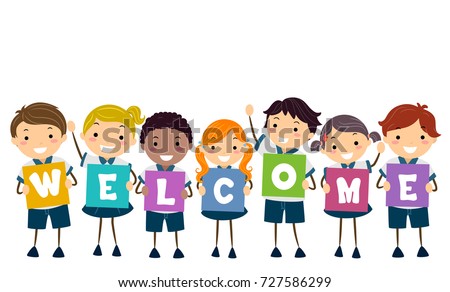 Illustration of Stickman Kids in School Uniform Holding Welcome Board