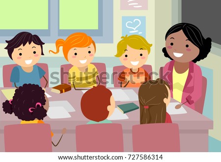 Illustration of Stickman Kids and their Teacher Holding a Council Meeting