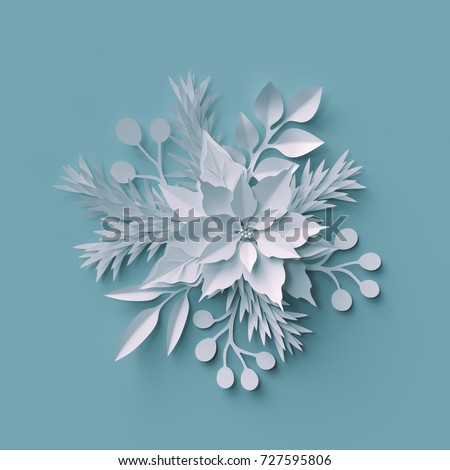 3d render, Christmas background, white paper cut flowers, festive bouquet, holiday decoration, greeting card