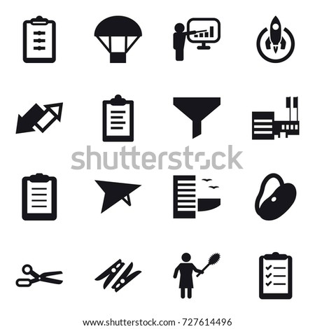 16 vector icon set : clipboard, parachute, presentation, rocket, up down arrow, funnel, mall, deltaplane, hotel, scissors, clothespin, woman with pipidaster, clipboard list