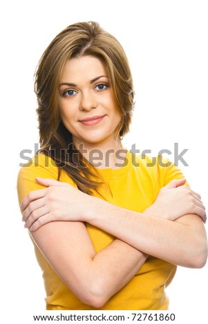 Woman in yellow crossed hand isolated on white.