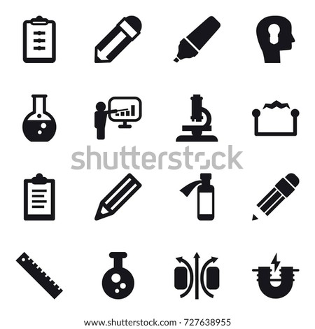 16 vector icon set : clipboard, pencil, marker, bulb head, round flask, presentation, microscope, electrostatic, ruler