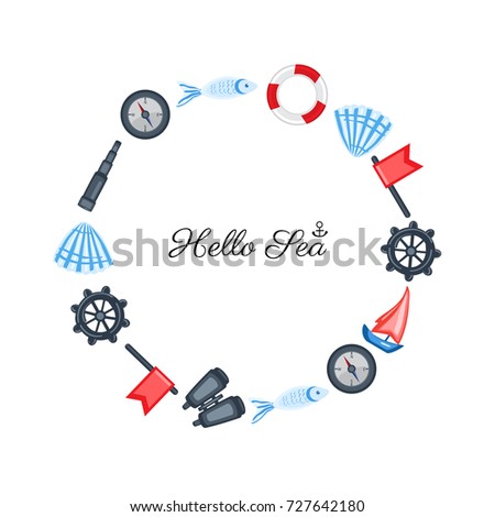 Marine round frame with red flag, steering wheel, compass, ship, seashell, fish, binoculars, spyglass isolated on white background, decorative vector sea element for design advertising, greeting card