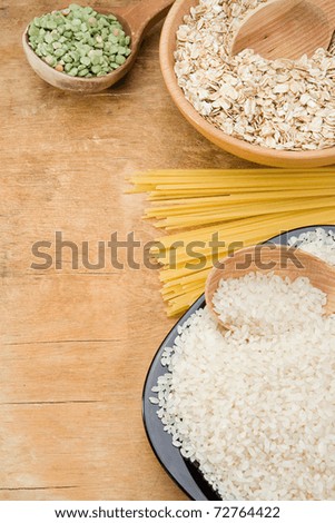 rice, pea, spaghetti and oat in plate on table