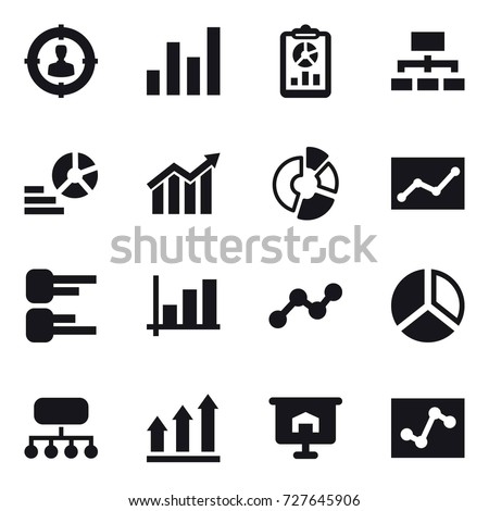 16 vector icon set : target audience, graph, report, hierarchy, diagram, circle diagram, statistic, structure, graph up, presentation Royalty-Free Stock Photo #727645906