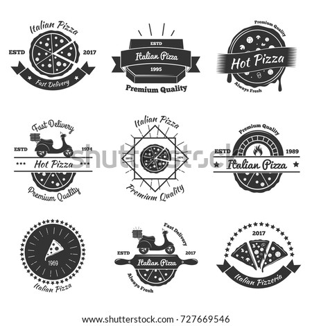 Pizza vintage emblems collection with flat isolated images of italian pizza pieces decorative elements and text vector illustration