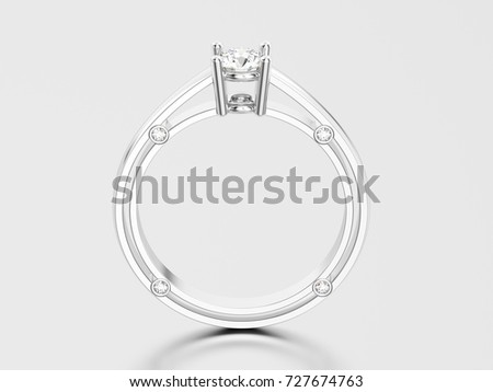 3D illustration white gold or silver decorative solitaire engagement diamond ring with shadow and reflection on a grey background