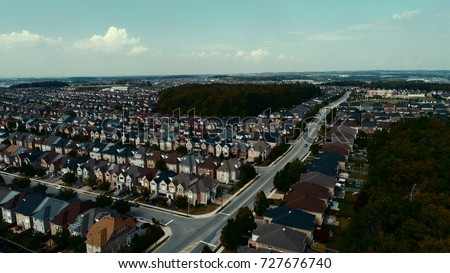 Aerial View Of Subdivision Homes Backing Onto Park In Vaughan Ontario Royalty-Free Stock Photo #727676740