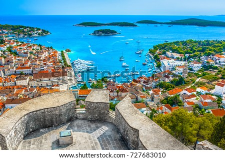 Aerial view at amazing archipelago in front of town Hvar, Croatia Mediterranean. Royalty-Free Stock Photo #727683010
