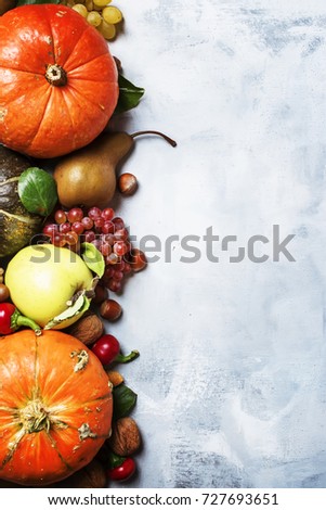 Autumn food background with pumpkins, vegetables, fruits and nuts, thanksgiving concept, top view