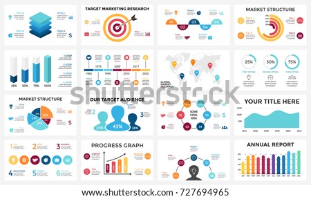 Marketing infographic, cycle diagram, global business graph, presentation chart. 3, 4, 5, 6, 7, 8 options, parts, steps, process. People audience report, target market, brain idea, world map timeline