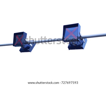 Square red traffic stop X cross mark symbol LED lighting sign, in black steel square box, attached on grey iron bar floating, perspective white background isolated clipping path
